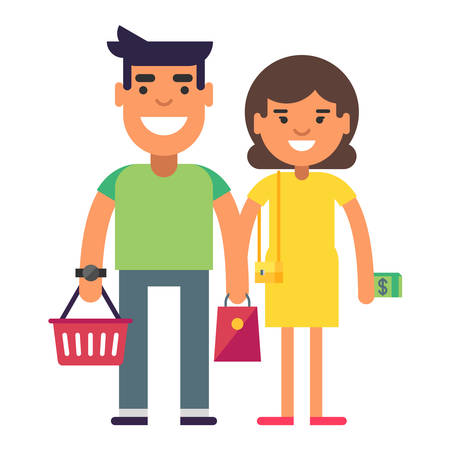 Young couple goes for a shopping. Woman in yellow dress with dollars in hand. Coloured flat vector illustration isolated on white backgroundのイラスト素材