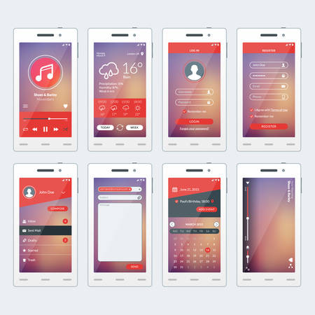 Set of vector illustrations of modern smartphone with apps. Flat design template for mobile apps. White smartphones. Vector illustrationのイラスト素材