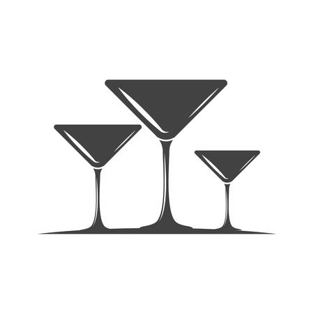 Three cocktail martini type glasses. Black icon, element, flat vector illustration isolated on white background.のイラスト素材
