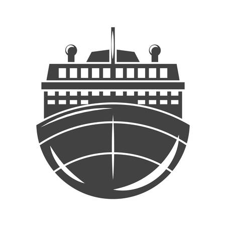 Nautical collection. Ship, cruise liner front view. Black icon, logo element, flat vector illustration isolated on white background.のイラスト素材