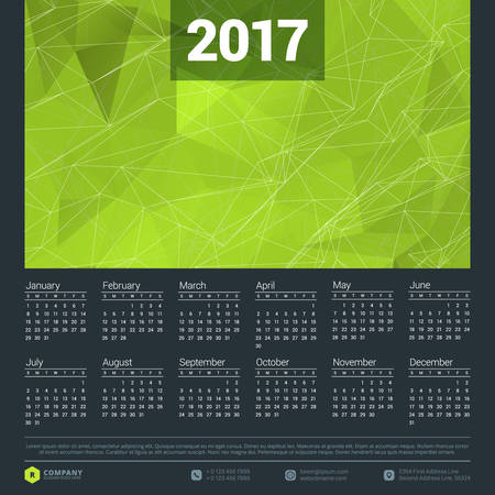 Calendar for 2017 year. Vector design stationery template. Week starts Sunday. Flat style color vector illustration. Yearly calendar templateのイラスト素材
