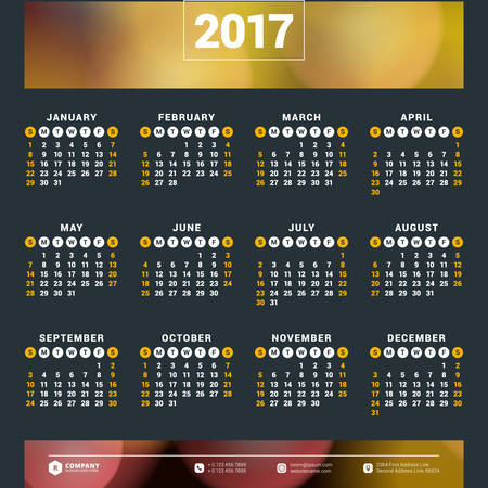 Calendar for 2017 year. Vector design stationery template. Week starts Sunday. Flat style color vector illustration. Yearly calendar templateのイラスト素材
