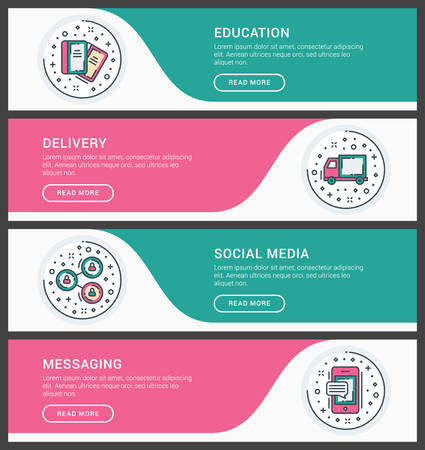 Set of flat line business website banner templates. Vector illustration. Modern thin line icons in circle. Education, Delivery, Social Media, Messagingのイラスト素材