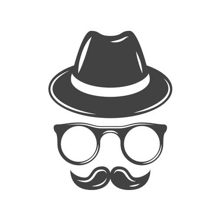 Hipster retro hat, eyeglasses and moustache. Black icon, logo element, flat vector illustration isolated on white background.のイラスト素材