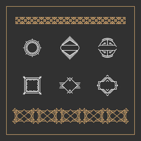 Set of Art Decorative Geometric  Old Fashioned Templates. Linear, on black background. Vector Ornaments, Vector Decoration, Line Ornament, Vector , Vector Labelsのイラスト素材