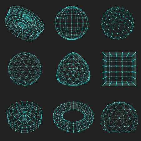 Set of wireframe polygonal elements. Abstract geometric 3D objects with connected lines and dots. Light objects on black backgroundのイラスト素材