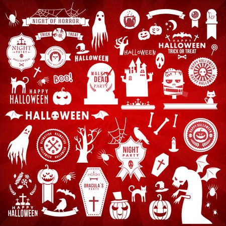 Set of Happy Halloween white silhouettes on red background. Decoration elements. Vector illustrationのイラスト素材