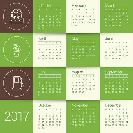 Calendar for 2017 year. Vector design stationery template with ecology concept icons. Week starts Monday. Flat style color vector illustrationのイラスト素材