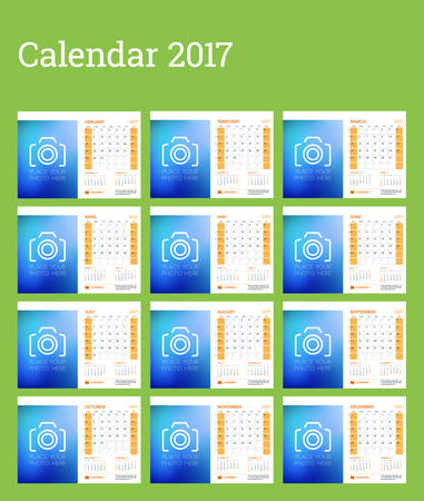 Desk Calendar Template for 2017 Year. Week Starts Sunday. Set of 12 Months. Place for Photo, and contact information. Stationery Design. Calendar Templateのイラスト素材