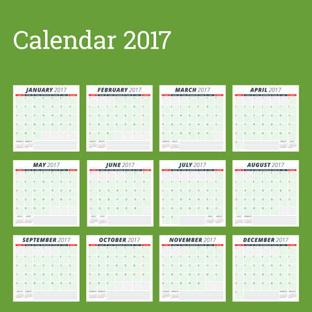 Calendar Planner Template for 2017 Year. Week Starts Sunday. Set of 12 Months. Stationery Design. Calendar Templateのイラスト素材