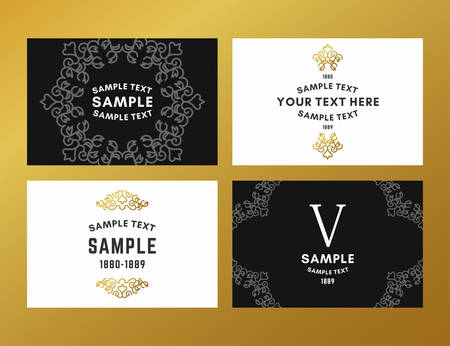 Set of floral frame and monogram. Golden on white and black background. illustration. Decorative elements for business card, invitation, greeting card templateのイラスト素材