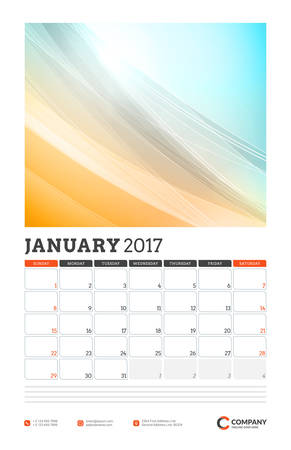 Wall Calendar Planner Template for 2017 Year. January. Vector Design Template with Abstract Background. Week starts Sunday. Portrait Orientationのイラスト素材