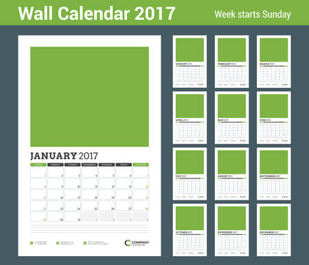 Wall Calendar Planner Template for 2017 Year. Set of 12 Months. Vector Design Template with Abstract Background. Week starts Sunday. Portrait Orientationのイラスト素材