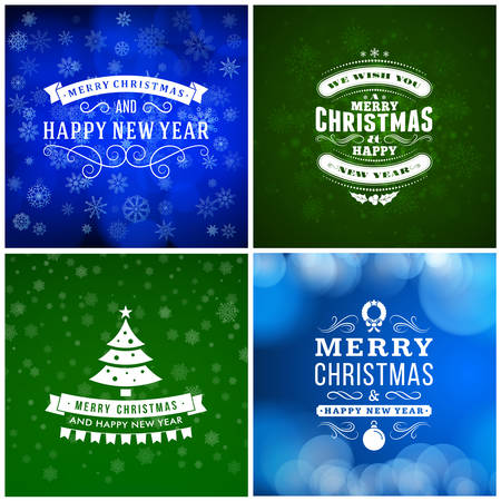 Set of Merry Christmas and Happy New Year Decorative Badges for Greetings Cards or Invitations. Vector Illustration. Abstract colorful background with snowflakes and lightsのイラスト素材