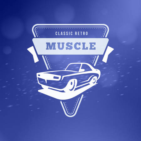 Classic car logo, emblem, badge. Service car repair, racing emblem and car club design elements. Vector illustration. White on abstract color backgroundのイラスト素材