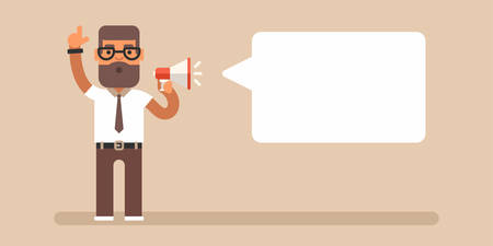 A man holding megaphone in one hand and raising another one. Attract attention concept. Colored flat vector illustration with a cloud for commentsのイラスト素材