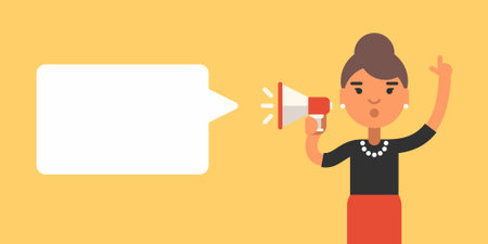 A woman holding megaphone in one hand and raising another one. Attract attention, announcement  concept. Colored flat vector illustration with a cloud for commentsのイラスト素材