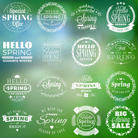 Spring vintage typographic badges. Vector illustration. White on green blurred  . Hello Spring. Greeting card designのイラスト素材