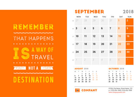 Calendar Template for 2018 Year. September. Design Template with Motivational Poster. 3 Months on Page. Week starts on Monday. Vector Illustrationのイラスト素材