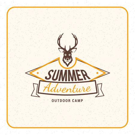 Summer holidays camping poster. Summer adventures and outdoor activities label. Vector illustration with yellow and brown colors on textured backgroundのイラスト素材