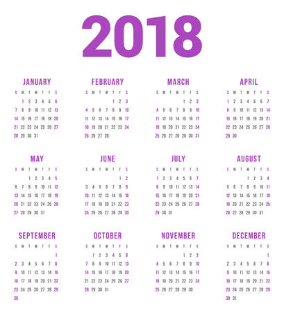 Calendar for 2018 Year on White Background. Week Starts on Sunday. 4 columns, 3 rows. Simple Vector Template. Stationery Designのイラスト素材