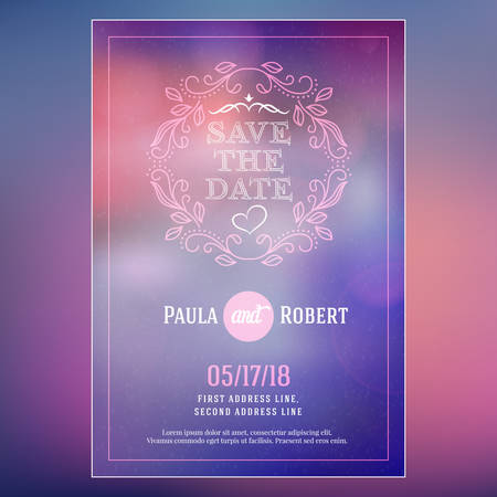 Save the date. Wedding invitation card design template with colorful blurred background. Place for photo. Stationery design. Vector illustrationのイラスト素材