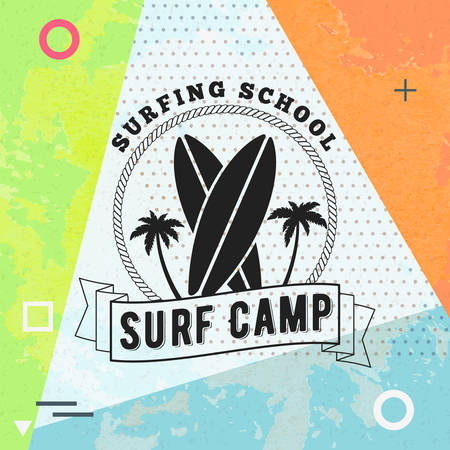 Surfing school and rental summer badge. Typographic retro style label with textured background. Rental or travel agency concept. Vector illustrationのイラスト素材