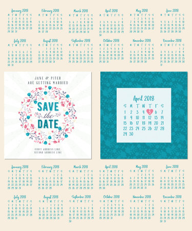 Save the date. Wedding invitation double-sided card design template. Calendar for 2018 year. Set of 12 months. Week starts on Sunday or Monday. Stationery design. Vector illustrationのイラスト素材