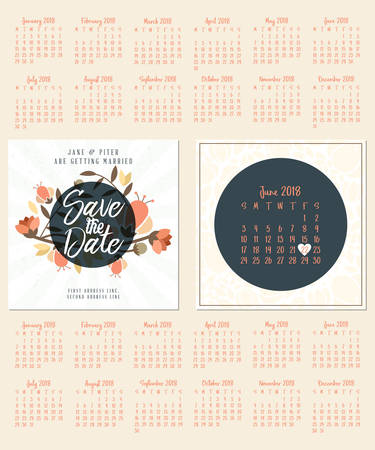 Save the date. Wedding invitation double-sided card design template. Calendar for 2018 year. Set of 12 months. Week starts on Sunday or Monday. Stationery design. Vector illustrationのイラスト素材