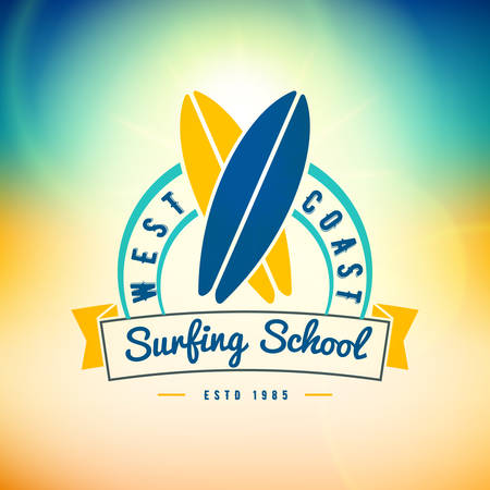 Surfing school and rental summer badge. Typographic retro style label with textured background. Rental or travel agency concept. Vector illustrationのイラスト素材