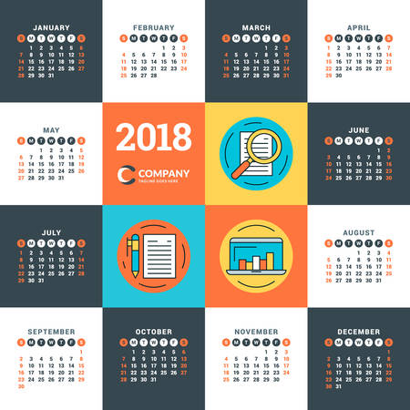 Calendar for 2018 year. Vector design template. Week starts on Sunday. Flat style color vector illustration with business iconsのイラスト素材