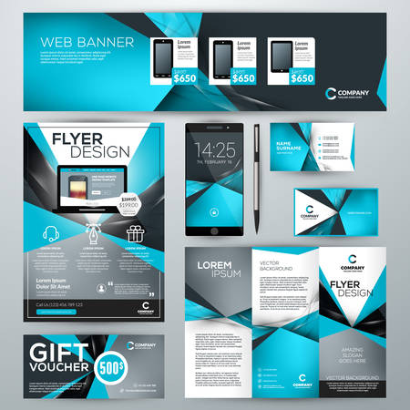 Set of stationery design templates. Corporate identity with abstract vector background. Web banner, flyer, booklet, gift voucher, business card, phone wallpaperのイラスト素材