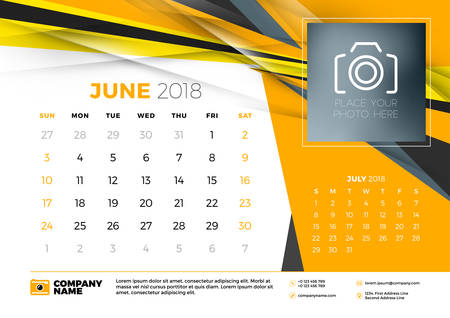 June 2018. Desk calendar design template with abstract background. Place for photo. Yellow and black colors. Two months on the page. Week starts on Sunday. Vector Illustrationのイラスト素材