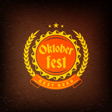 Beer festival Oktoberfest celebrations. Vintage beer label on the brown wooden textured background. Vector design elementのイラスト素材