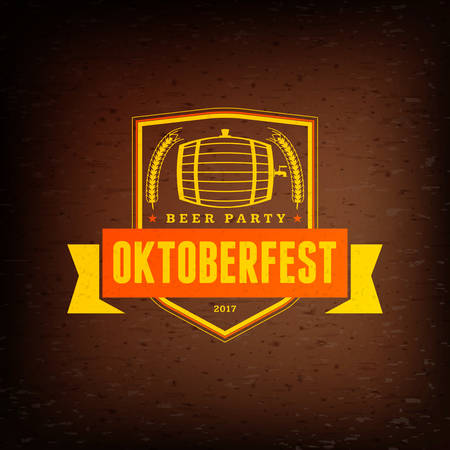 Beer festival Oktoberfest celebrations. Vintage beer label on the brown wooden textured background. Vector design elementのイラスト素材