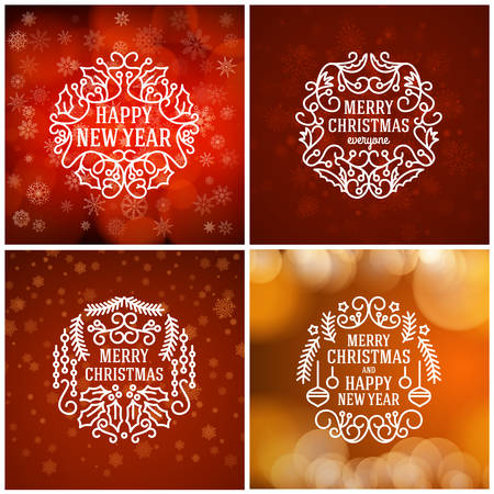 Set of Merry Christmas and Happy New Year Decorative Badges for Greetings Cards or Invitations. Vector Illustration. Abstract colorful background with snowflakes and lights.のイラスト素材