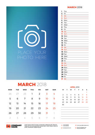 Vector calendar planner template for 2018 year. March. Vector design print template with place for photo. Week starts on Mondayのイラスト素材