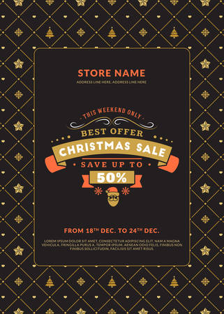 Christmas sale poster design. Holiday shopping. Discount offer. Vintage badge with winter backgroundのイラスト素材