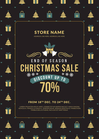 Christmas sale poster design. Holiday shopping. Discount offer. Vintage badge with winter backgroundのイラスト素材