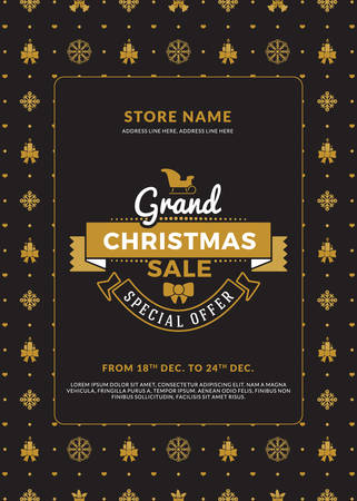 Christmas sale poster design. Holiday shopping. Discount offer. Vintage badge with winter backgroundのイラスト素材