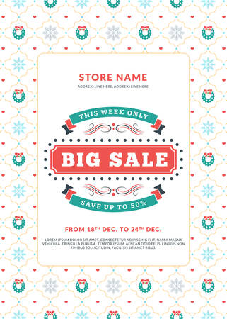 Christmas sale poster design. Holiday shopping. Discount offer. Vintage badge with winter backgroundのイラスト素材
