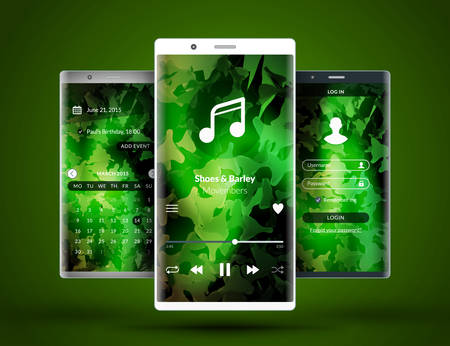 Mobile application interface wallpaper design on three color phones.のイラスト素材