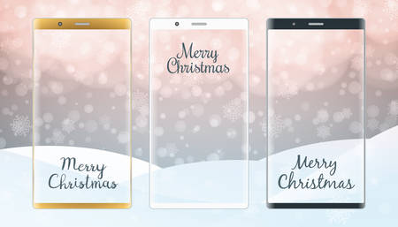 Gold, white and black phones with winter snowy christmas background.のイラスト素材