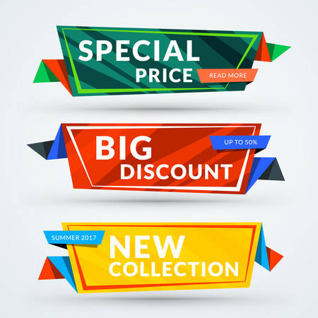 Set of sale web banners. Shopping tags. Discount and promotional colorful origami stickers. Vector illustrationのイラスト素材