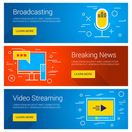 Broadcasting. Breaking News. Video Streaming. Line Art Flat Design Illustration. Vector Web Banners Conceptsのイラスト素材
