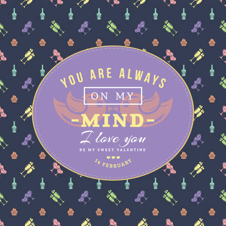 Happy Valentines Day typography greeting card. Vector design template with seamless background and romantic signsのイラスト素材