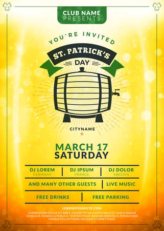 Saint Patricks Day celebration. Typography poster or party flyer template. Vintage beer label on the golden background with light effectsのイラスト素材