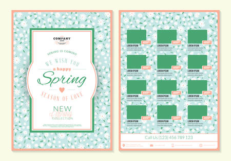 Spring sale catalog design. Business flyer template. Vintage badge with cute floral backgroundのイラスト素材