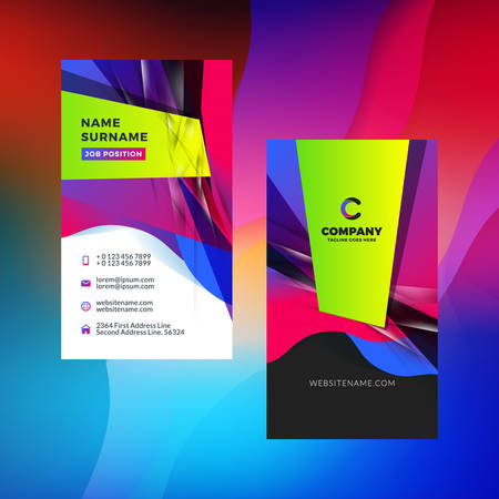 Double-sided vertical business card template with abstract background. Vivid gradients. Vector mockup illustration. Stationery designのイラスト素材