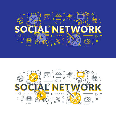 Social network. Flat line illustration concept for web banner and printed materials. Vector illustration in 2 different styles. Light and dark backgroundのイラスト素材